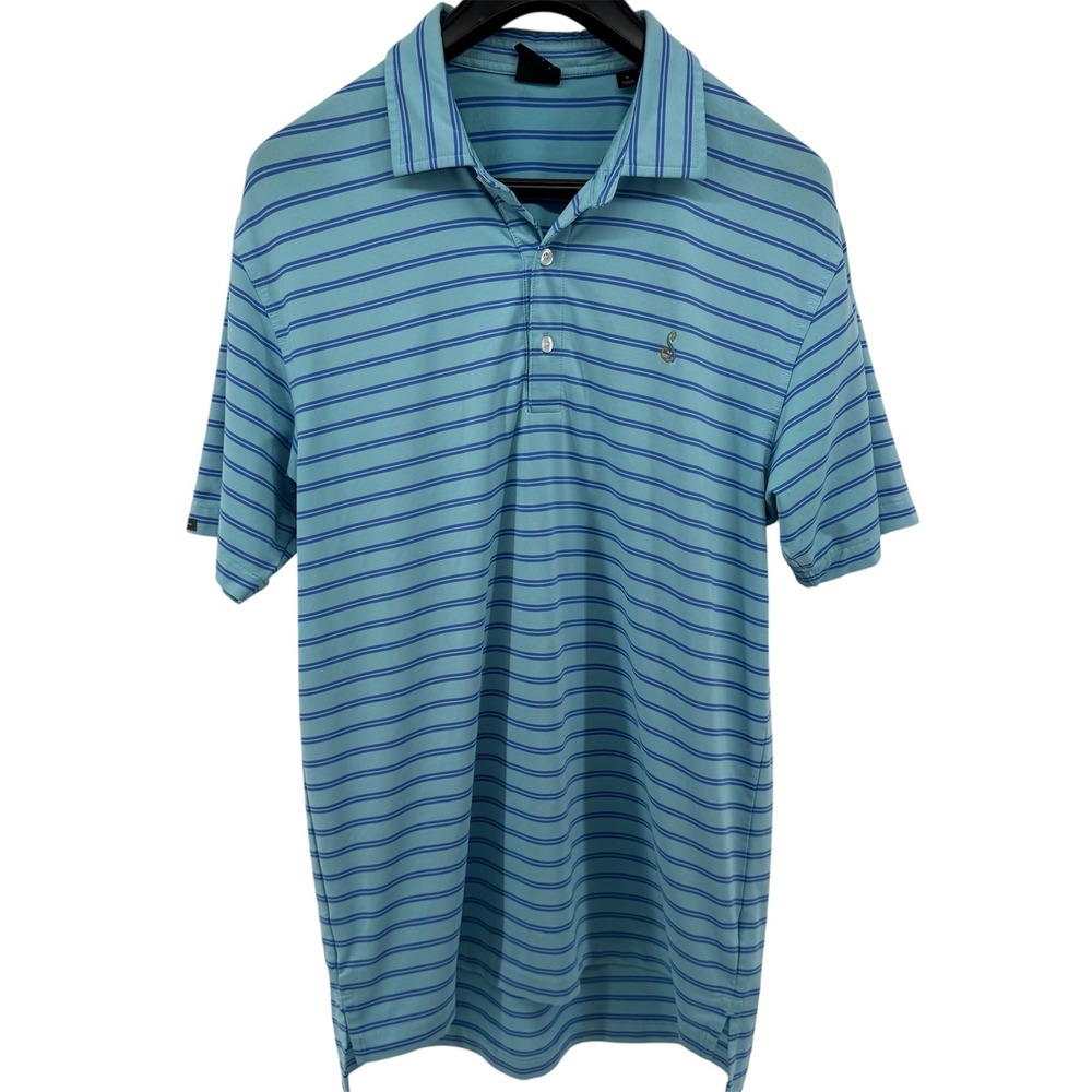 Dunning Golf Mens Blue Striped Performance Polo Shirt Seahorse Logo Size Medium